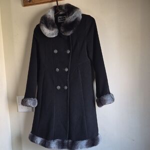 Black Wool Double-Breasted Coat with Faux Fur Trim